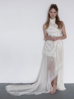 Ivory Satin & Sheer Bridal Gown with Draped Train